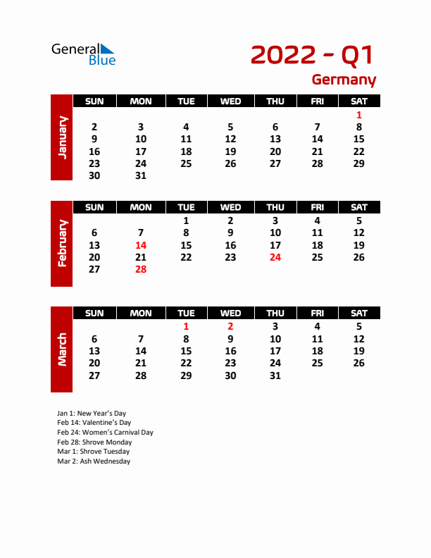 Q1 2022 Calendar with Holidays in Germany