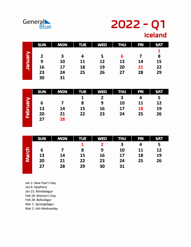 Q1 2022 Calendar with Holidays in Iceland