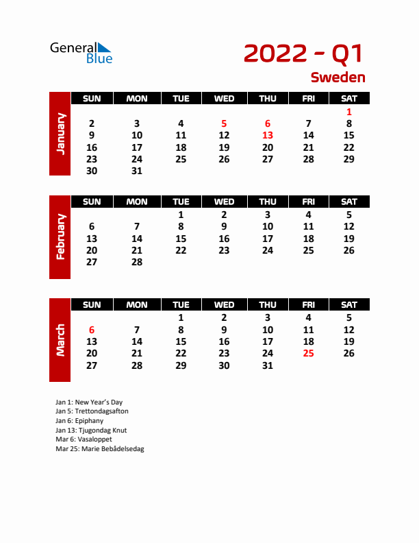 Q1 2022 Calendar with Holidays in Sweden