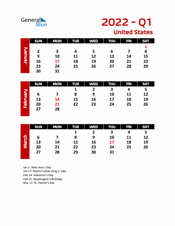 Q1 2022 Calendar with Holidays in United States