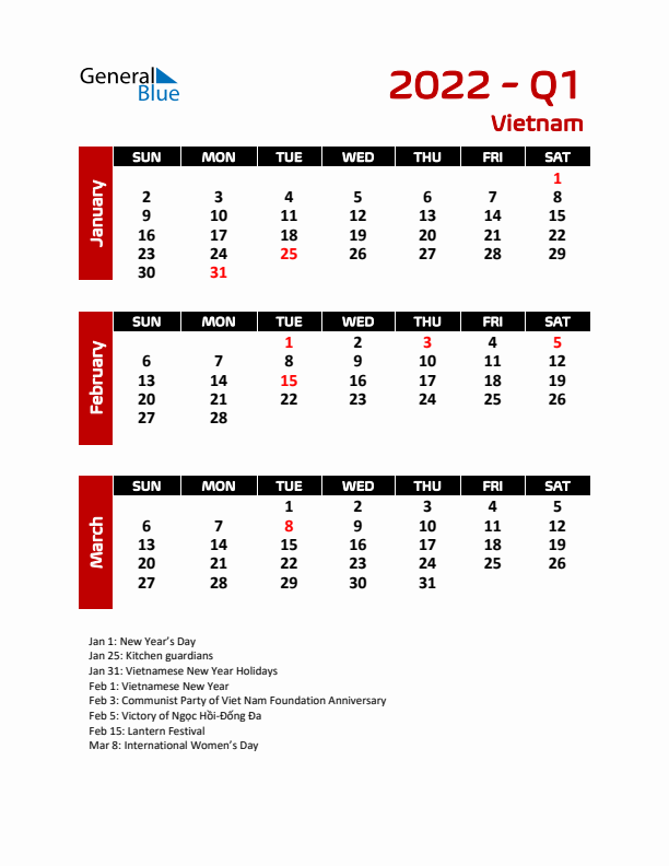 Q1 2022 Calendar with Holidays in Vietnam