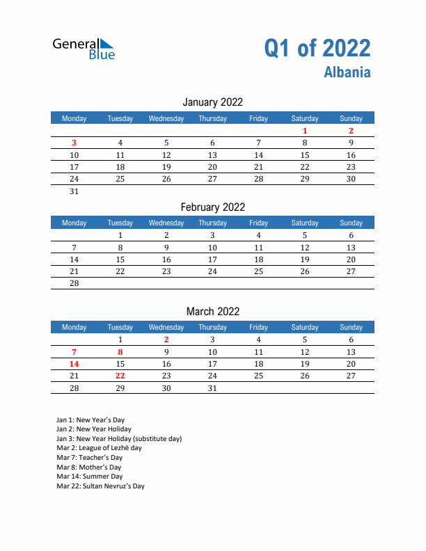 Albania Q1 2022 Quarterly Calendar with Monday Start