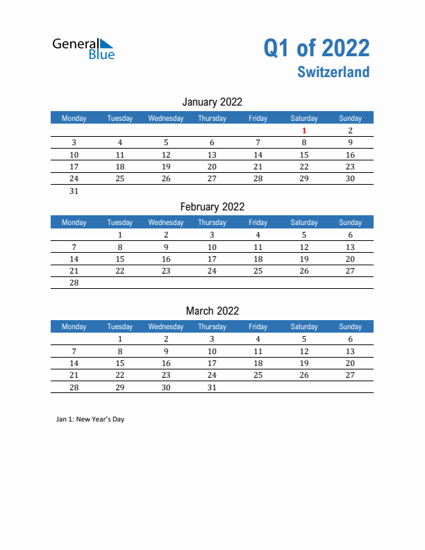 Switzerland Q1 2022 Quarterly Calendar with Monday Start