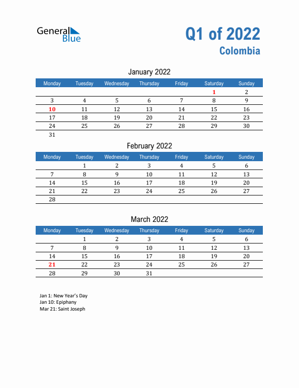 Colombia Q1 2022 Quarterly Calendar with Monday Start