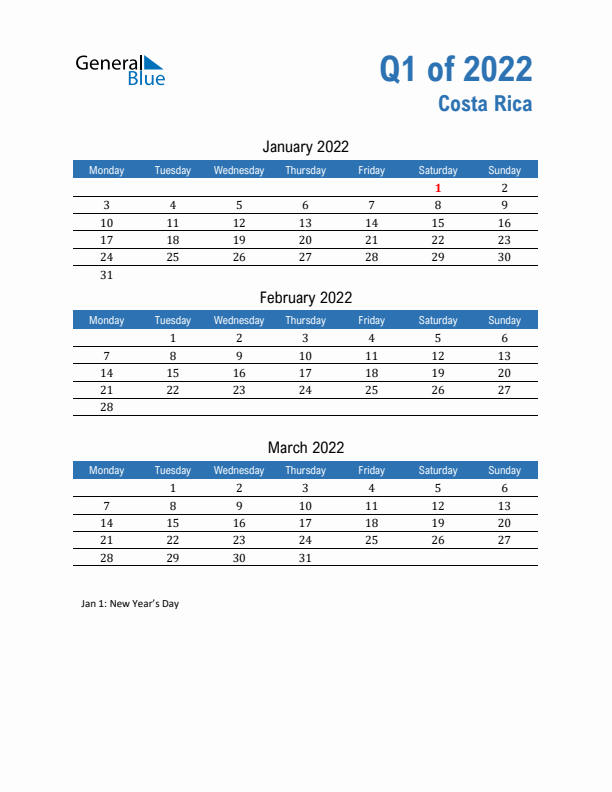 Costa Rica Q1 2022 Quarterly Calendar with Monday Start