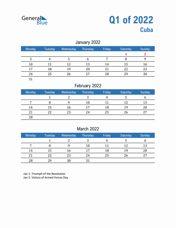 Cuba Q1 2022 Quarterly Calendar with Monday Start