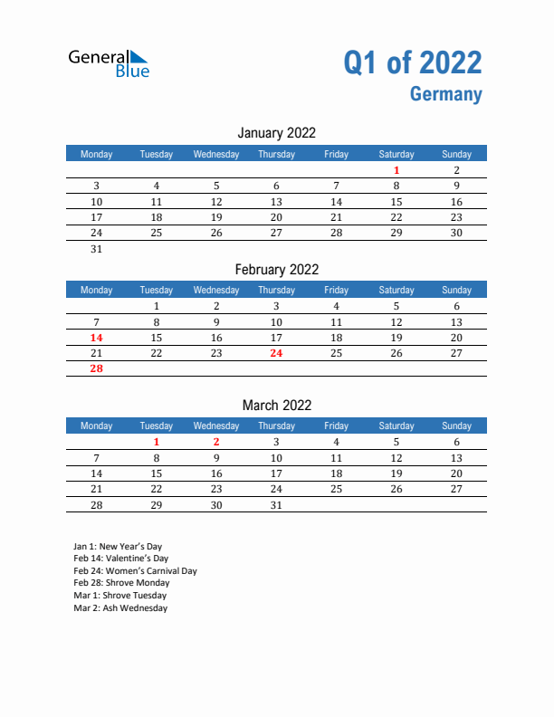 Germany Q1 2022 Quarterly Calendar with Monday Start