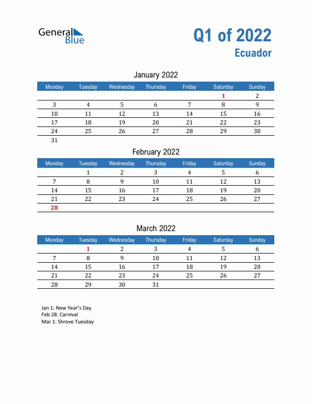 Ecuador Q1 2022 Quarterly Calendar with Monday Start