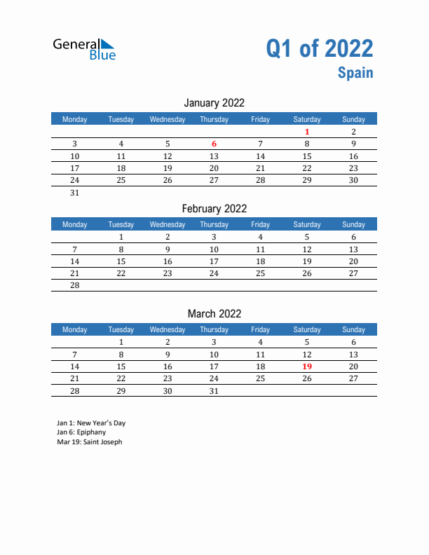 Spain Q1 2022 Quarterly Calendar with Monday Start