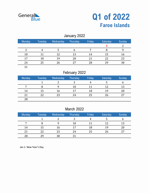 Faroe Islands Q1 2022 Quarterly Calendar with Monday Start