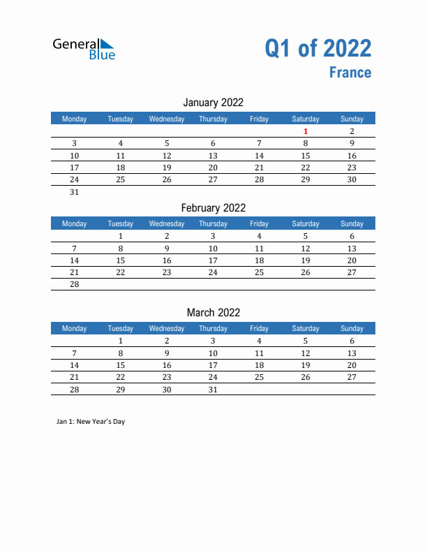 France Q1 2022 Quarterly Calendar with Monday Start