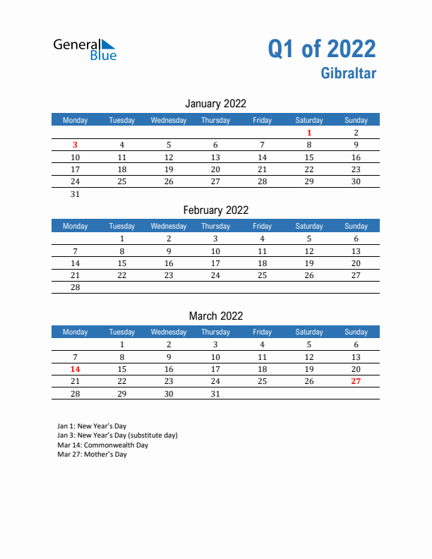 Gibraltar Q1 2022 Quarterly Calendar with Monday Start