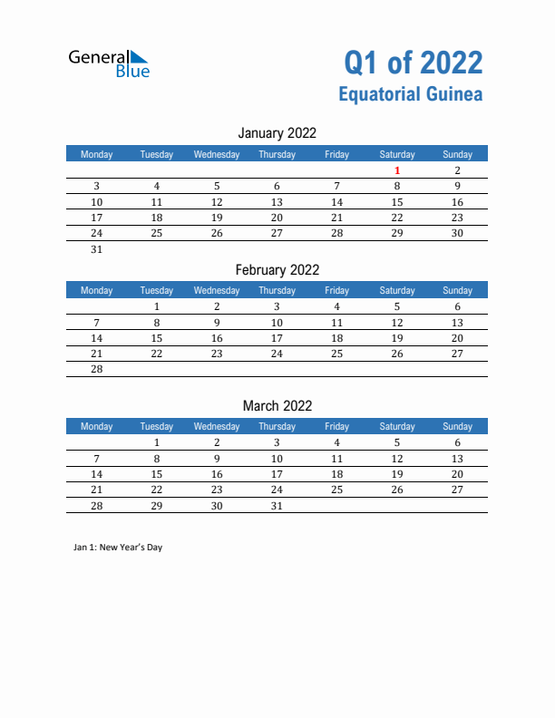 Equatorial Guinea Q1 2022 Quarterly Calendar with Monday Start