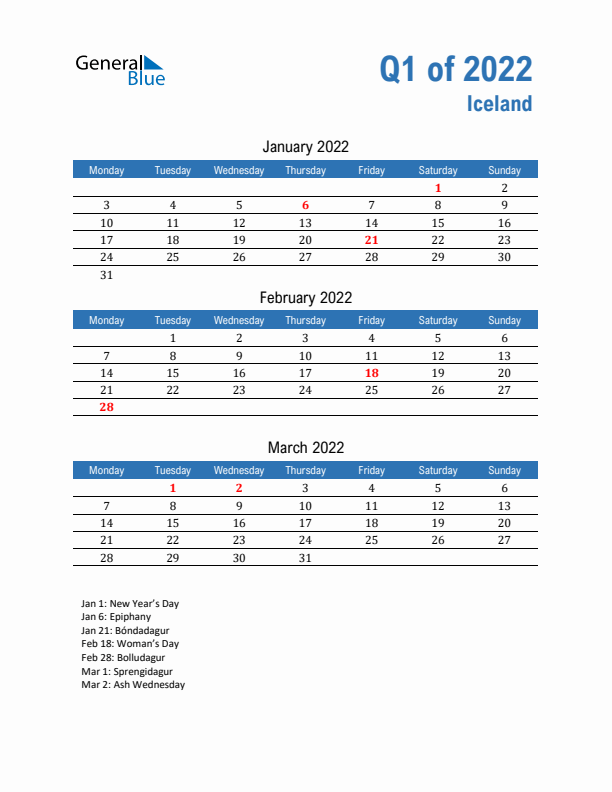 Iceland Q1 2022 Quarterly Calendar with Monday Start