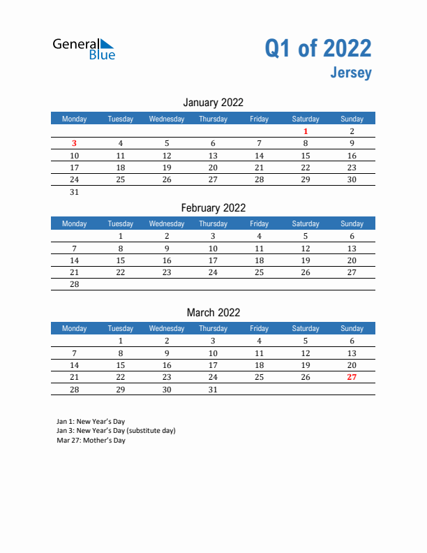 Jersey Q1 2022 Quarterly Calendar with Monday Start