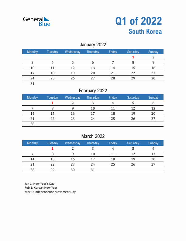 South Korea Q1 2022 Quarterly Calendar with Monday Start