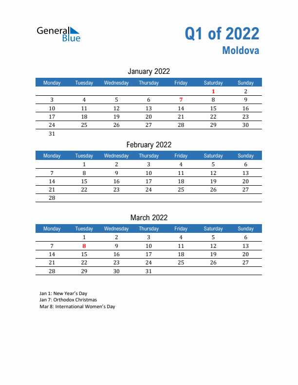 Moldova Q1 2022 Quarterly Calendar with Monday Start