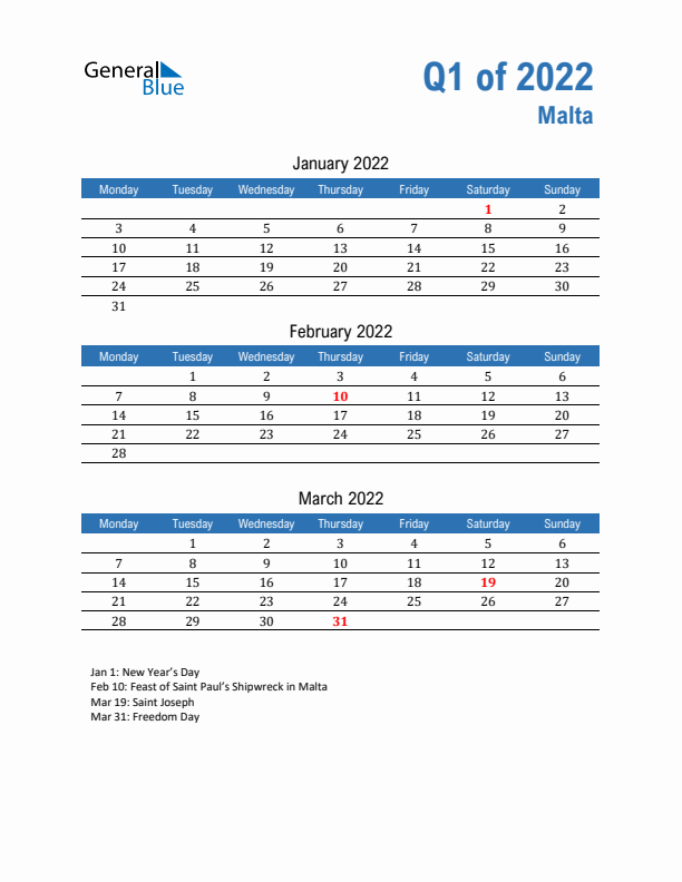 Malta Q1 2022 Quarterly Calendar with Monday Start