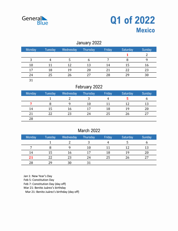 Mexico Q1 2022 Quarterly Calendar with Monday Start