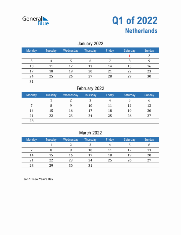 The Netherlands Q1 2022 Quarterly Calendar with Monday Start