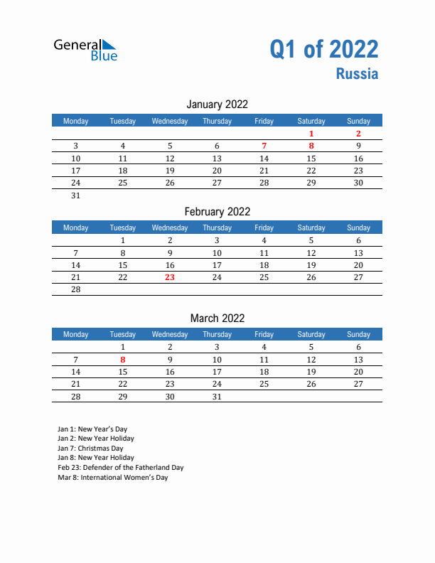 Russia Q1 2022 Quarterly Calendar with Monday Start