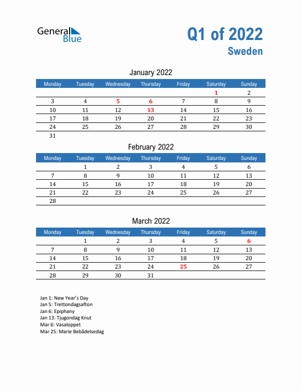 Sweden Q1 2022 Quarterly Calendar with Monday Start