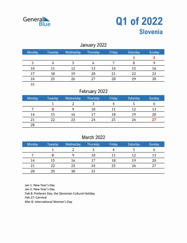 Slovenia Q1 2022 Quarterly Calendar with Monday Start