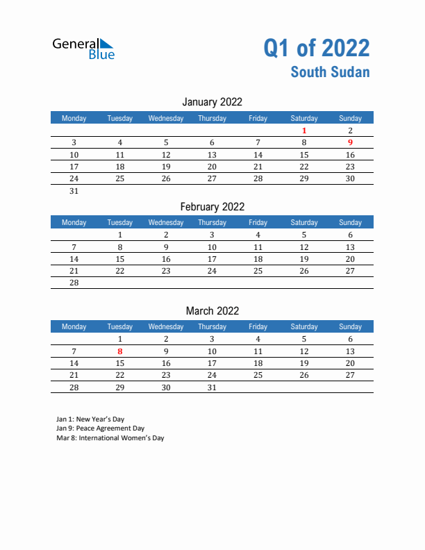 South Sudan Q1 2022 Quarterly Calendar with Monday Start