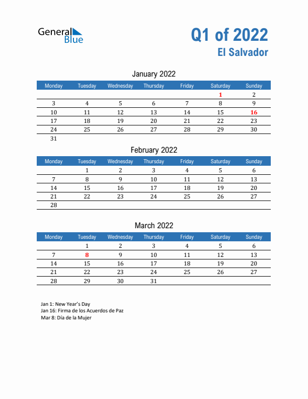 El Salvador Q1 2022 Quarterly Calendar with Monday Start