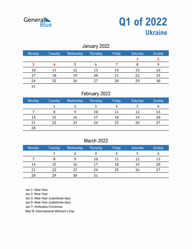 Ukraine Q1 2022 Quarterly Calendar with Monday Start