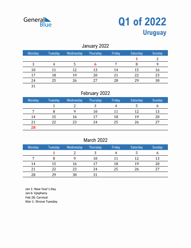 Uruguay Q1 2022 Quarterly Calendar with Monday Start