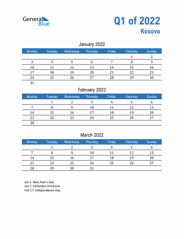 Kosovo Q1 2022 Quarterly Calendar with Monday Start