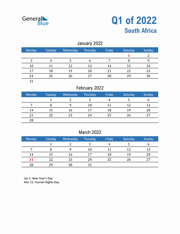 South Africa Q1 2022 Quarterly Calendar with Monday Start