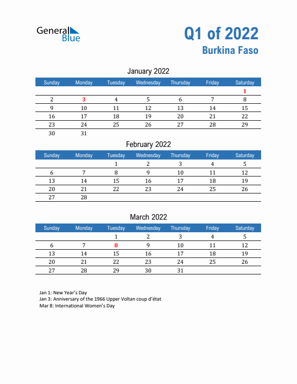 Burkina Faso Q1 2022 Quarterly Calendar with Sunday Start