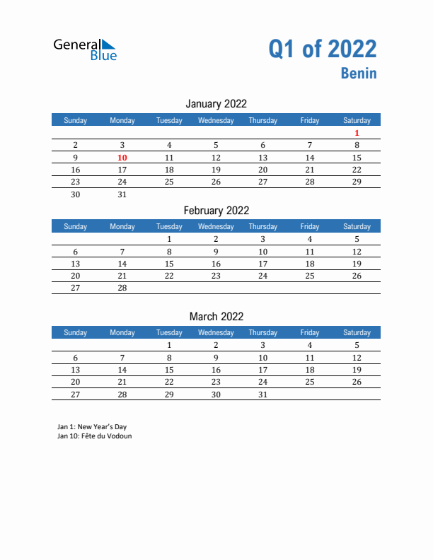 Benin Q1 2022 Quarterly Calendar with Sunday Start