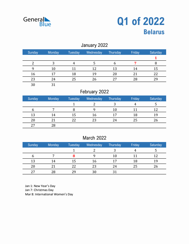 Belarus Q1 2022 Quarterly Calendar with Sunday Start