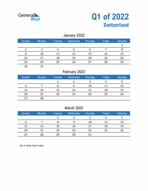 Switzerland Q1 2022 Quarterly Calendar with Sunday Start