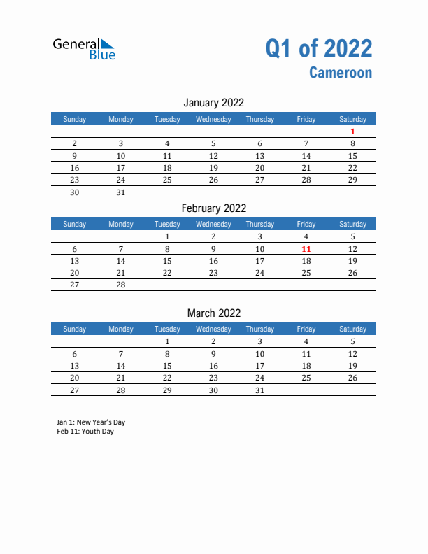 Cameroon Q1 2022 Quarterly Calendar with Sunday Start