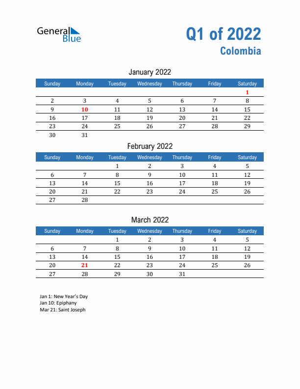 Colombia Q1 2022 Quarterly Calendar with Sunday Start