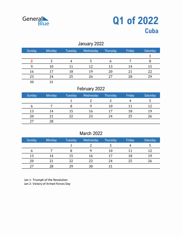 Cuba Q1 2022 Quarterly Calendar with Sunday Start