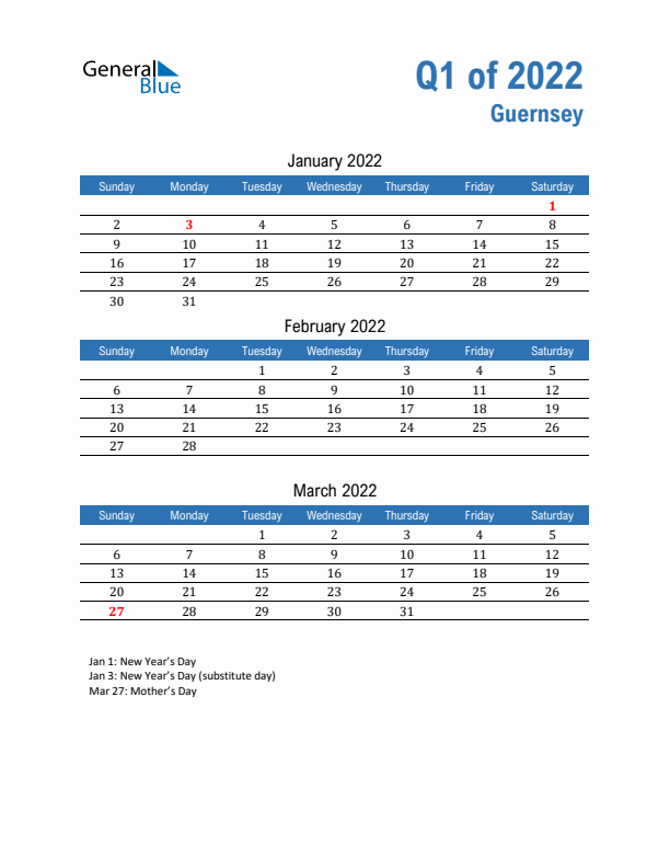 Guernsey Q1 2022 Quarterly Calendar with Sunday Start