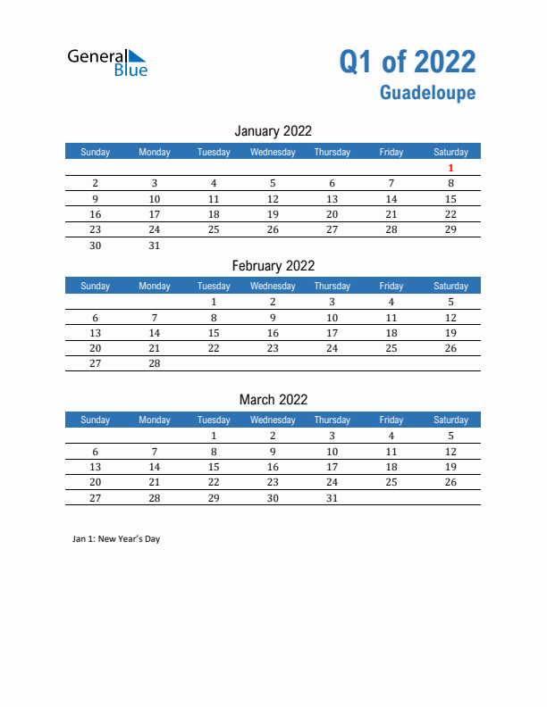 Guadeloupe Q1 2022 Quarterly Calendar with Sunday Start