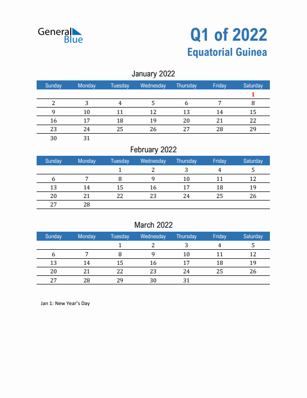 Equatorial Guinea Q1 2022 Quarterly Calendar with Sunday Start