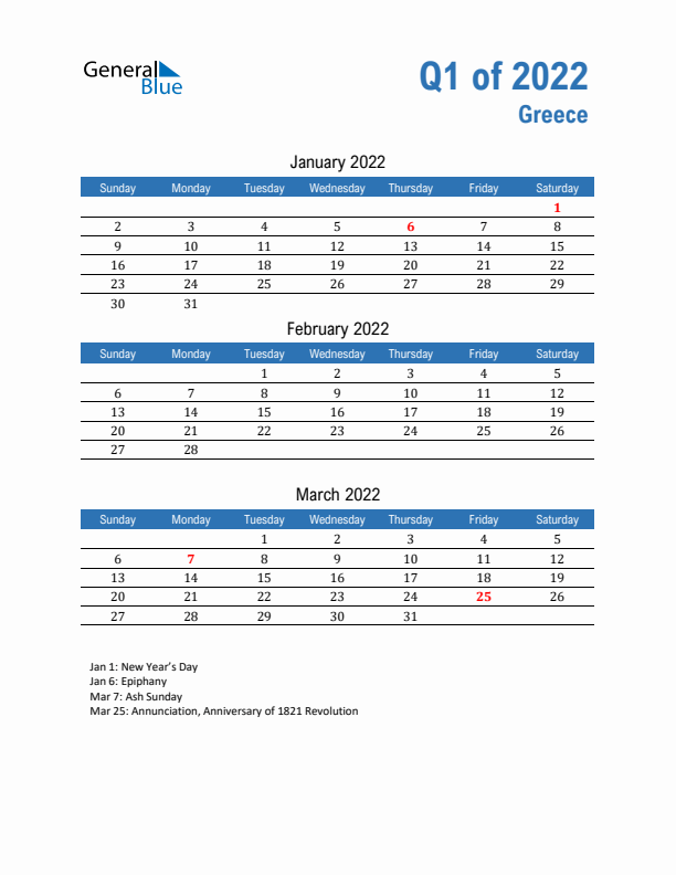 Greece Q1 2022 Quarterly Calendar with Sunday Start