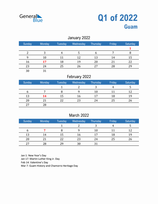 Guam Q1 2022 Quarterly Calendar with Sunday Start