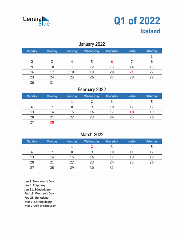 Iceland Q1 2022 Quarterly Calendar with Sunday Start