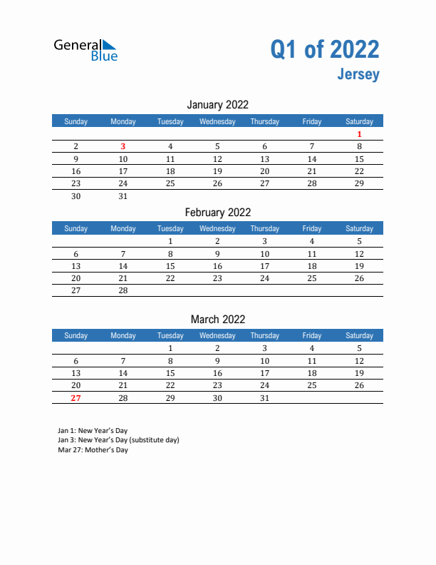 Jersey Q1 2022 Quarterly Calendar with Sunday Start