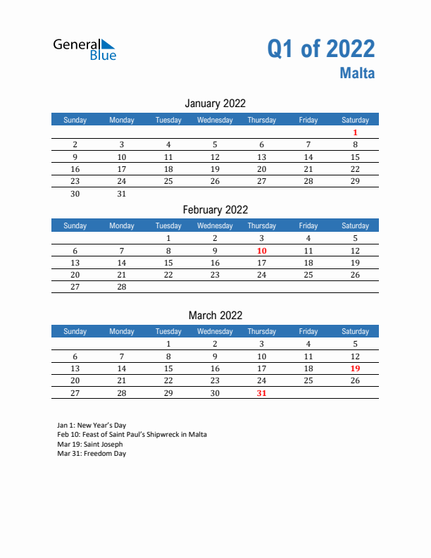 Malta Q1 2022 Quarterly Calendar with Sunday Start