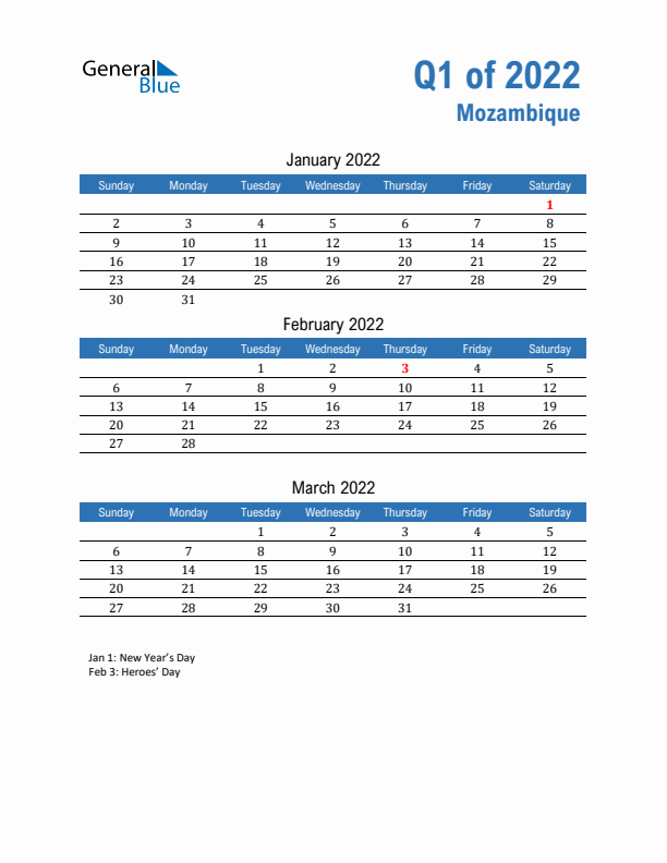 Mozambique Q1 2022 Quarterly Calendar with Sunday Start