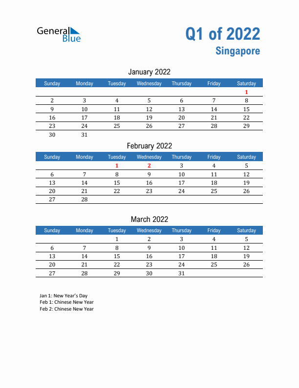 Singapore Q1 2022 Quarterly Calendar with Sunday Start